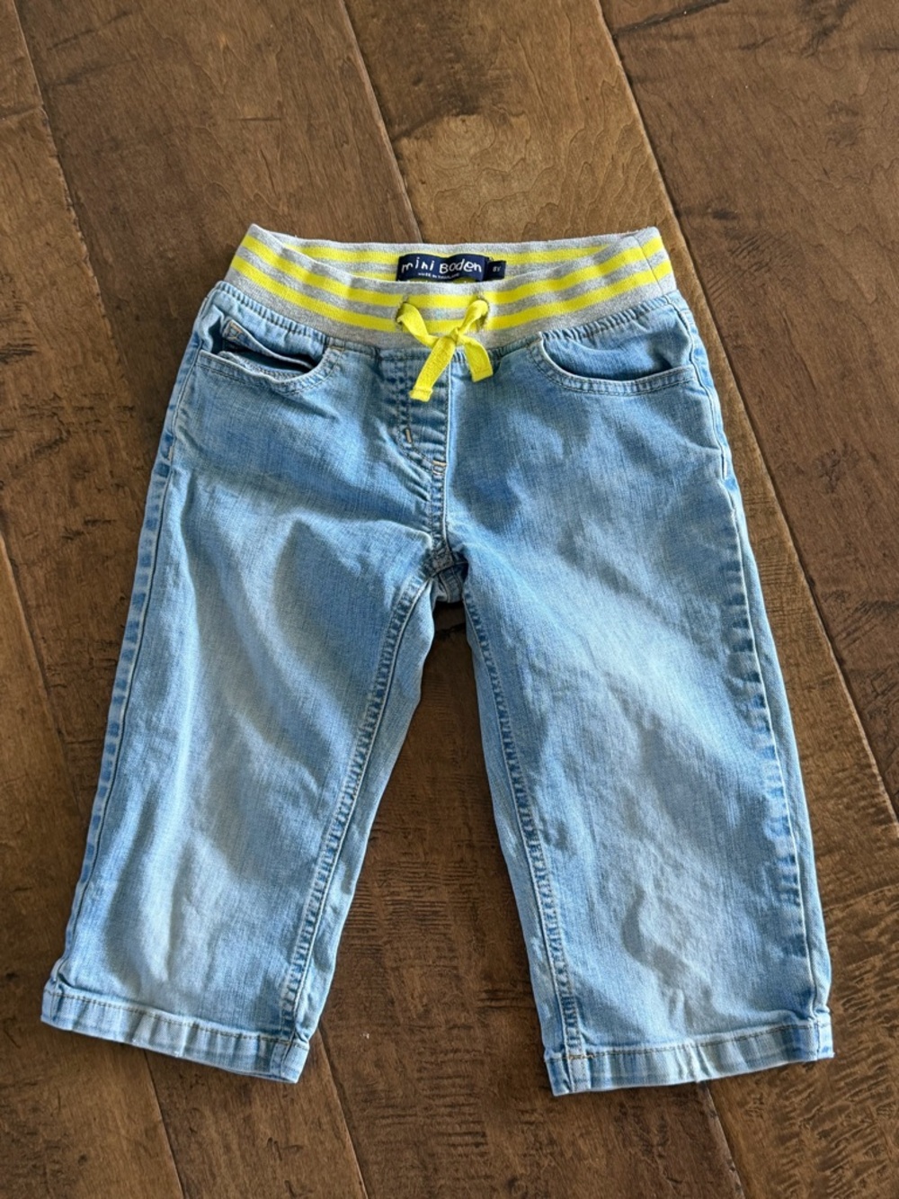 Mini Boden Light Blue Denim Joggers capris Yellow Stripe Waist
